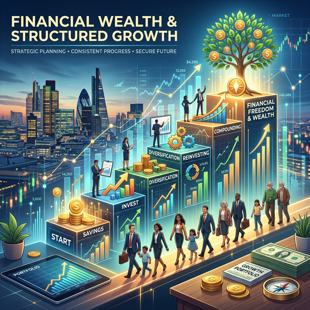 Step-by-step financial growth stages including savings, investing, diversification, reinvesting, compounding leading to financial freedom